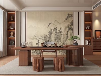 New Chinese-style Middle Ancient Tea Room Tea Tasting Area Tea Table and Chair Combination 3d model