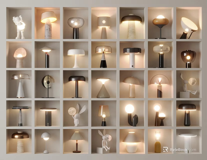 Various Stylish Table Lamps in Different Designs Display on Grid Shelves for Home Decor 3d model 
