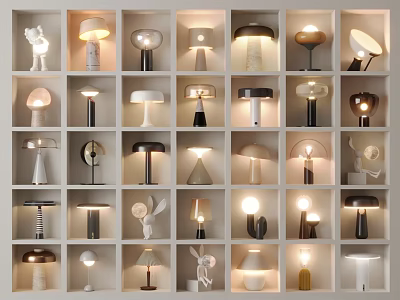 Various Stylish Table Lamps in Different Designs Display on Grid Shelves for Home Decor 3d model