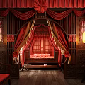 Traditional Chinese Room Interior With Red Curtains Calligraphy Paintings And Wooden Furniture