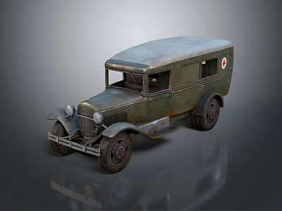 Vintage Green Rusty Car with Curved Roof and Red Cross Symbol on Side 3d model