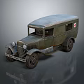 Vintage Green Rusty Car with Curved Roof and Red Cross Symbol on Side