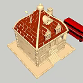 European style Building with Beige Exterior Red Tile Roof Windows Balcony and Red Double Decker Bus