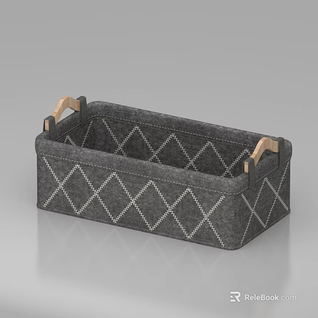 Gray Felt Storage Basket With Diamond Stitch Pattern And Wooden Handles For Home Organizing 3d model 