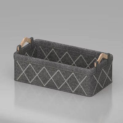 Gray Felt Storage Basket With Diamond Stitch Pattern And Wooden Handles For Home Organizing 3d model