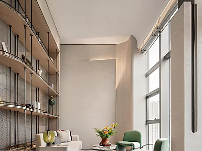 Modern Lounge Area Interior With Sofa Green Chairs Bookshelves and Large Windows 3d model