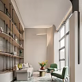 Modern Lounge Area Interior With Sofa Green Chairs Bookshelves and Large Windows