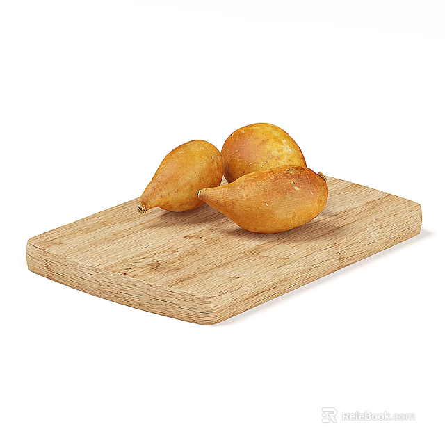 Three Golden Fried Food Snacks Placed On Wooden Cutting Board 3d model 