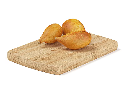 Three Golden Fried Food Snacks Placed On Wooden Cutting Board 3d model