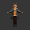 3D Anime Style Game And Movie Character With Orange Hair Antler Headpiece And Gray Coat