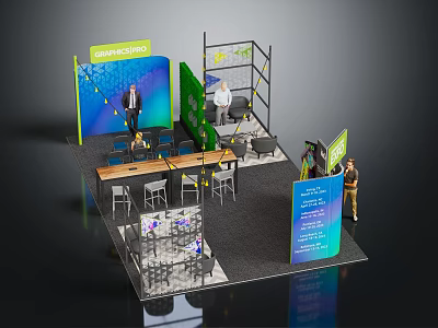 Greenchem Exhibition Booth Design Featuring Display Areas Tables Chairs And Figures 3d model