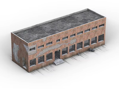 Red Brick Building Components Including Gray Roof Multiple Windows Entrance Steps And Weathered Walls 3d model