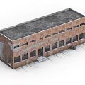 Red Brick Building Components Including Gray Roof Multiple Windows Entrance Steps And Weathered Walls