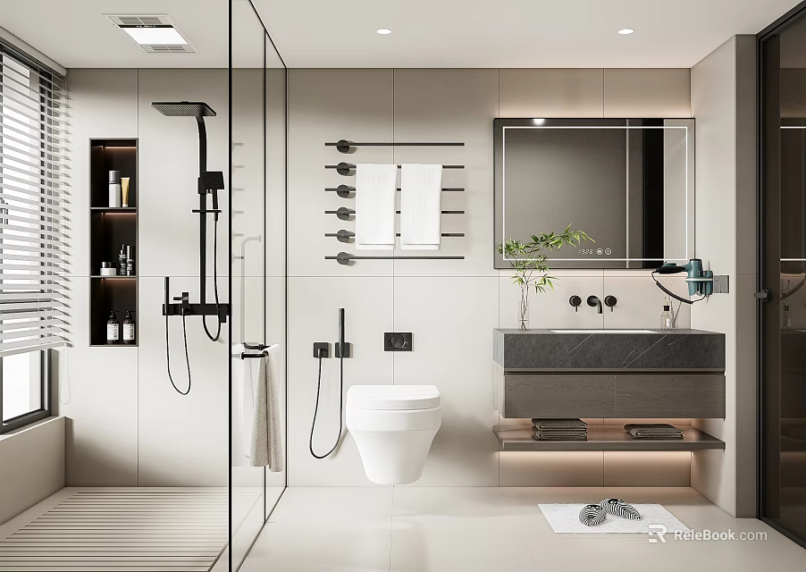 Modern Bathroom Interior With Glass Shower Wall Mounted Toilet Marble Vanity And Mirror 3d model 