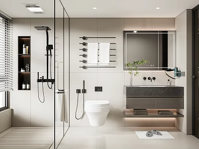 Modern Bathroom Interior With Glass Shower Wall Mounted Toilet Marble Vanity And Mirror 3d model
