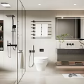 Modern Bathroom Interior With Glass Shower Wall Mounted Toilet Marble Vanity And Mirror
