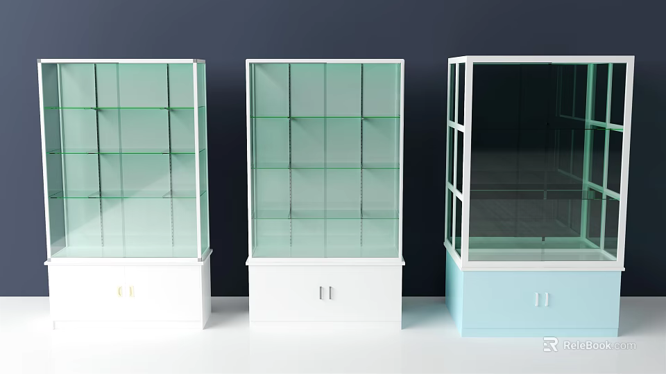 Modern Display Cabinets with Glass Doors Multiple Shelves and White Light Blue Bases 3d model 