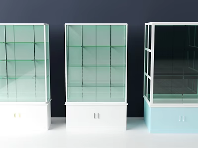 Modern Display Cabinets with Glass Doors Multiple Shelves and White Light Blue Bases 3d model