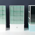 Modern Display Cabinets with Glass Doors Multiple Shelves and White Light Blue Bases