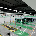 Modern Parking Lot With Green Buses Yellow Black Warning Stripes And Facilities