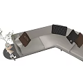 Beige Sectional Sofa with Mixed Color Patterned Cushions and Decorative Plants on Side Table 3d model