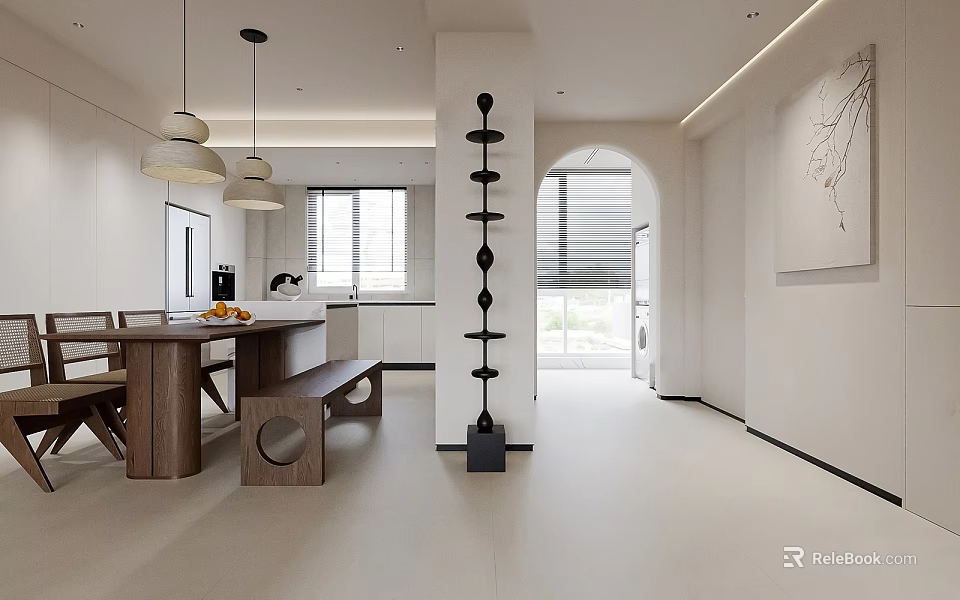 Modern Open Concept Restaurant Interior With Dining Table Pendant Lights And Wall Art 3d model