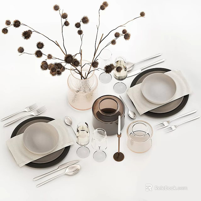 Dinnerware Set With White Plates Linen Napkins Silverware Glassware Vase And Dried Branches 3d model 