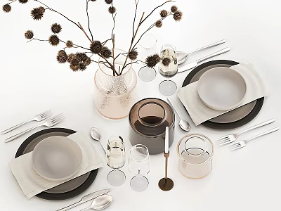 Dinnerware Set With White Plates Linen Napkins Silverware Glassware Vase And Dried Branches 3d model