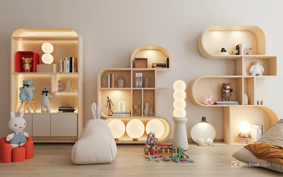 Modern Children's Room Bookcases With Rounded Shelves Soft Lighting And Toys 3d model 