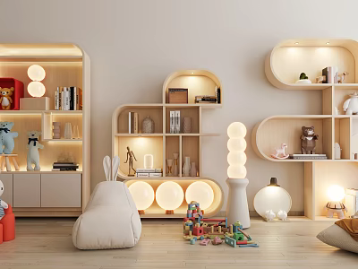 Modern Children's Room Bookcases With Rounded Shelves Soft Lighting And Toys 3d model