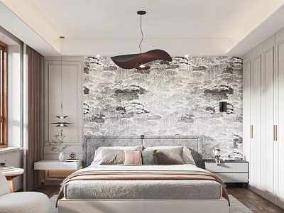 Modern Bedroom Interior With Textured Wall Hanging Pendant Light And Built-in Wardrobes 3d model