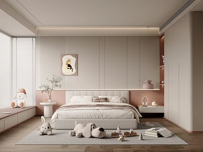 Modern Kids Room Interior Design With Bed Stuffed Toys Rug And Pink Decor 3d model