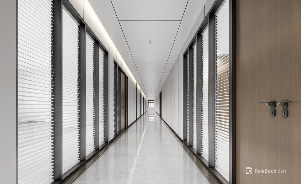 Modern Office Corridor Interior Design With Glass Doors Blinds Polished Floor And Ceiling Lighting 3d model 