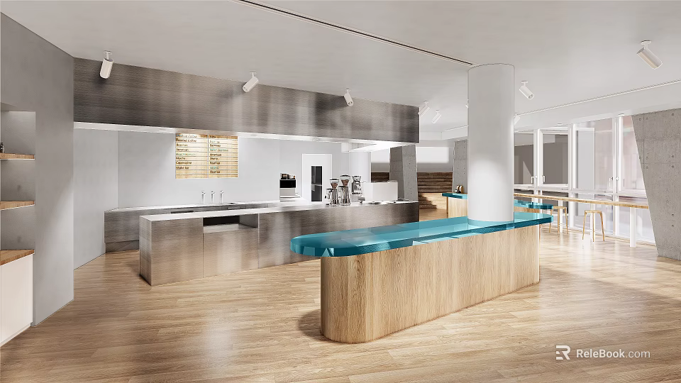 Modern Milk Tea Shop Interior With Wooden Bar Blue Countertop And Stainless Steel Equipment 3d model 