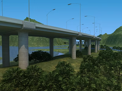 Modern Bridge With Street Lamps Concrete Pillars Over River And Green Mountains 3d model