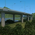Modern Bridge With Street Lamps Concrete Pillars Over River And Green Mountains