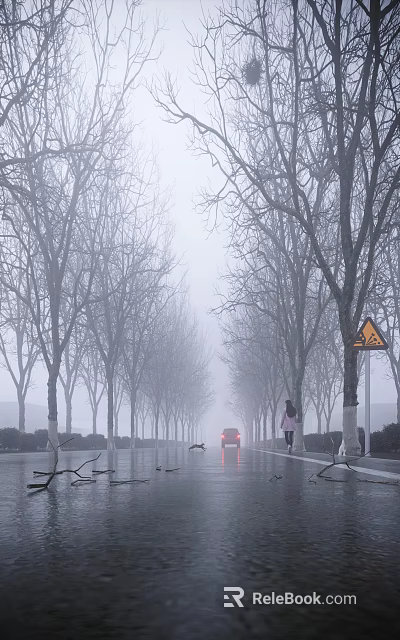 Tall Bare Trees Along Foggy Road With Red Car Pedestrian And Warning Sign 3d model 