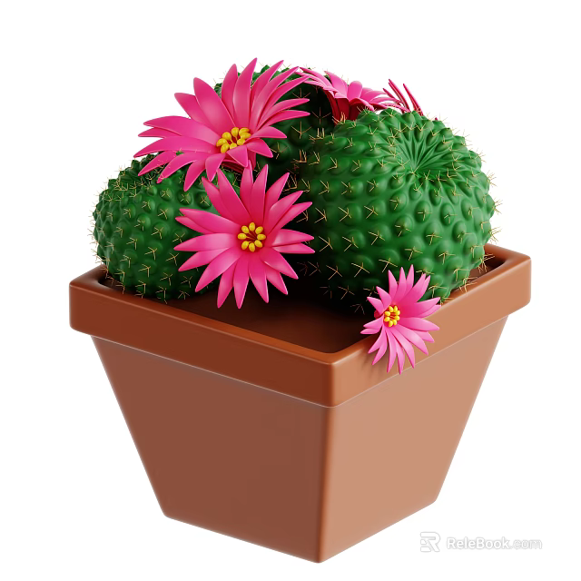 Green Spherical Cactus Plant with Pink Flowers and Spines in Brown Pot 3d model 