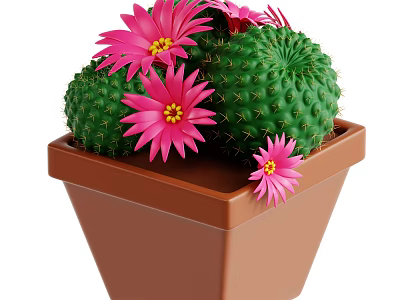 Green Spherical Cactus Plant with Pink Flowers and Spines in Brown Pot 3d model
