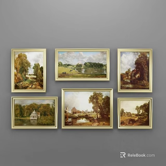 Vintage Framed Landscape Paintings With Trees Lakes And Countryside Scenes 3d model 