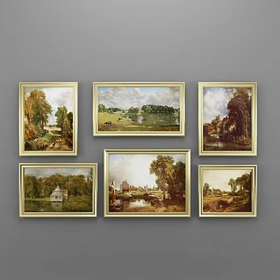Vintage Framed Landscape Paintings With Trees Lakes And Countryside Scenes 3d model