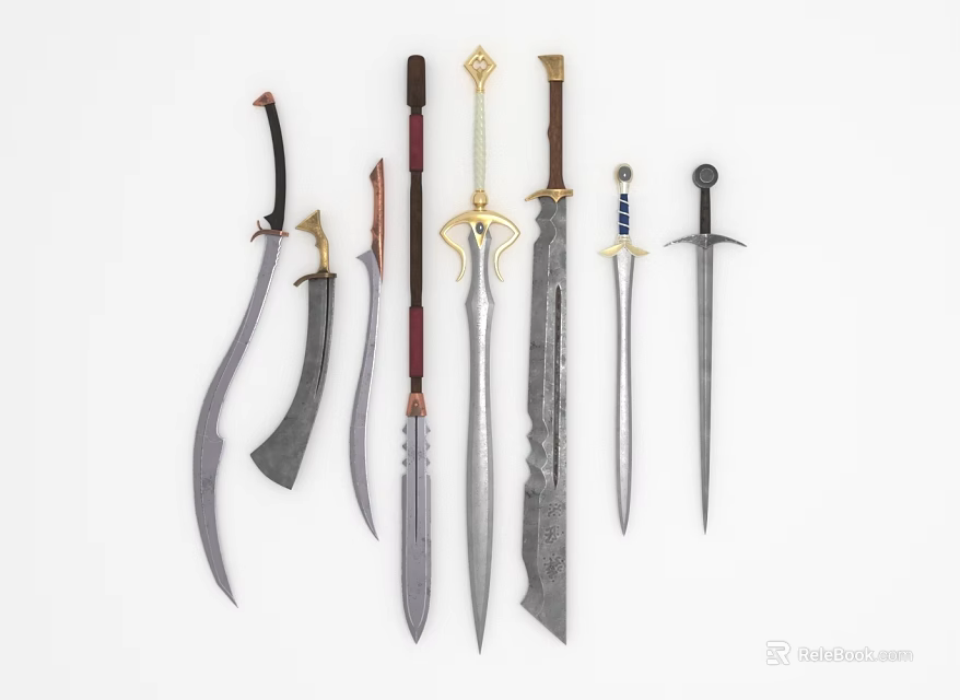 Various Medieval Swords with Ornate Hilts and Different Blade Designs 3d model 