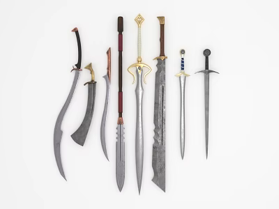 Various Medieval Swords with Ornate Hilts and Different Blade Designs 3d model