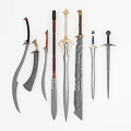 Various Medieval Swords with Ornate Hilts and Different Blade Designs