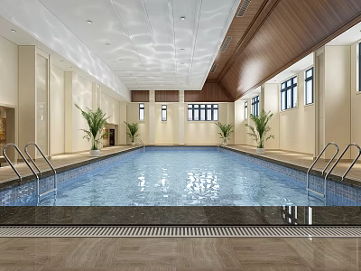 Elegant Indoor Swimming Pool Interior With Ladders Plants And Lights 3d model