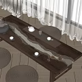 Natural Style Wooden Tea Table With Tea Set And Woven Cushions In Sunlit Indoor Space