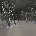 Tilted Silver Metal Poles In Gray Room With People Taking Photos And Standing