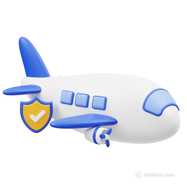 Cartoon Airplane With White Body Blue Wings Tail Engine Nose And Yellow Shield Check Mark 3d model 
