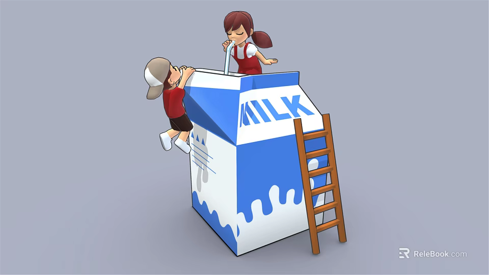 Cartoon Scene of Two Kids Playing on Giant Milk Carton with Ladder and Dripping Milk 3d model 