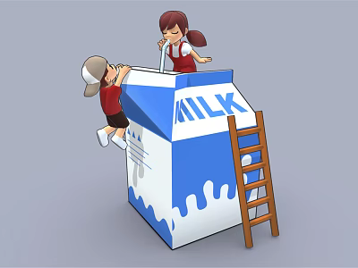 Cartoon Scene of Two Kids Playing on Giant Milk Carton with Ladder and Dripping Milk 3d model